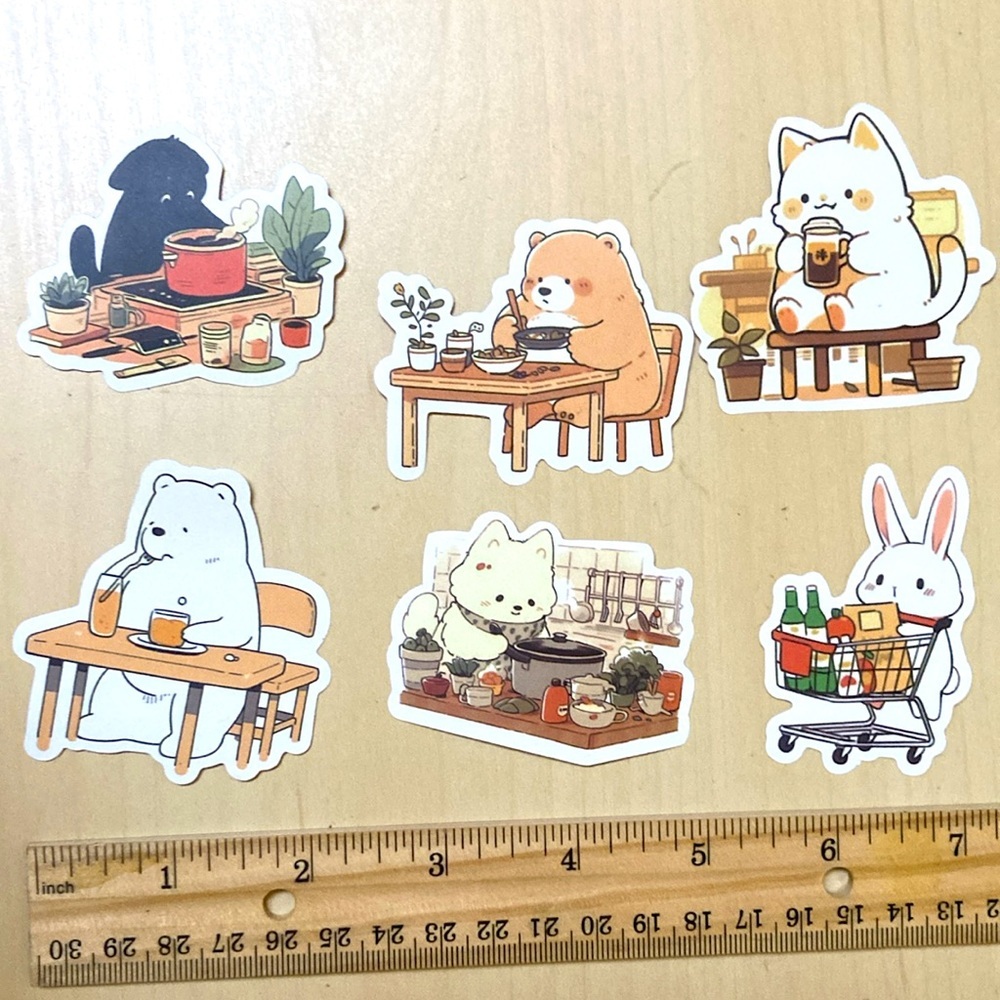 10/$10 or $1 BUNDLE: 6 Animals Stickers: Yummy Foods! 🥘 🧋 WATERPROOF!